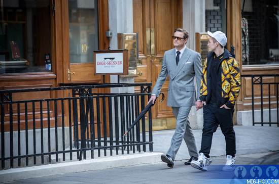 Kingsman stars Colin Firth and Taron Egerton shoot a scene on Savile Row